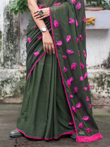 Green and Pink Mul Mul Cotton Saree with Hand Knots and Color Contrast