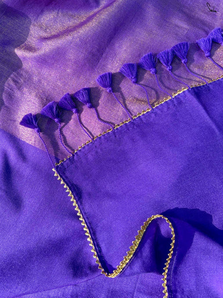 Blue and gold half-and-half saree with gold scallop lace