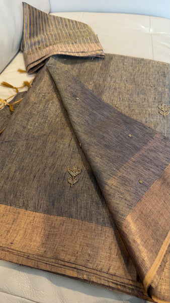 Dual Tone Grey Silver Gold Tone Tissue Linen Saree
