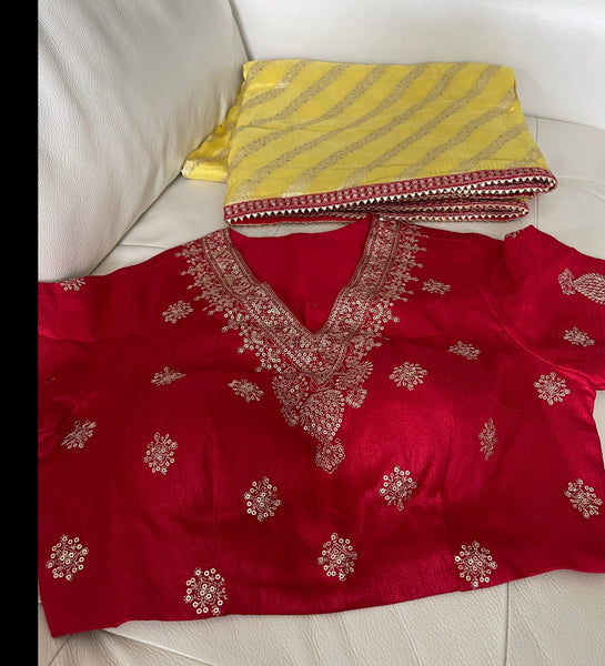 Yellow Muga Silk Saree with Red Readymade Blouse