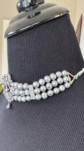 Natural Freshwater Gray Real Pearl Set with CZ and Pinkish Lavender Stone