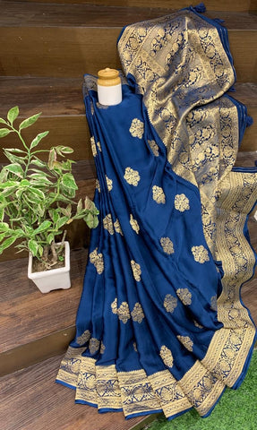 Pure Royal Blue and Gold Satin Silk Saree with Woven Border