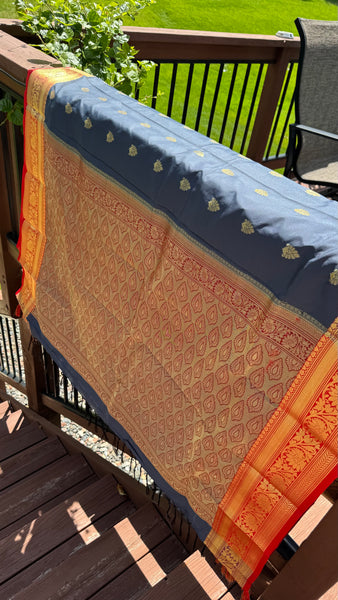 Midnight Navy Blue Grey Blended Silk Saree with Antique Gold Zari Border & Red Contrast Accents