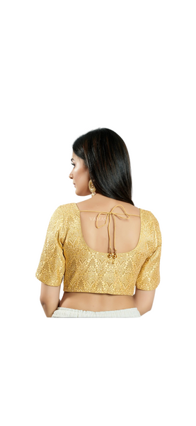 Women's Brocade Padded Front Open Elbow Sleeves Saree Blouse