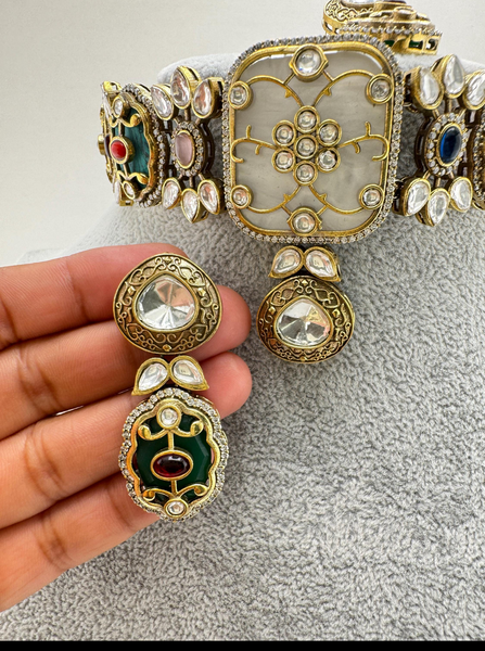 Multi Victorian Sabyasachi-inspired Moissanite polki Kundan choker Necklace Set