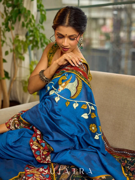 Blue Cotton Saree with Gond Painting & Multicolor Ikat & Kalamkari Border