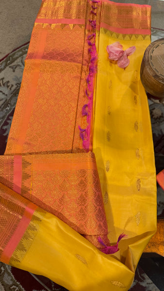 Yellow and Coral Pink Pure Silk Handloom Gadwal Saree