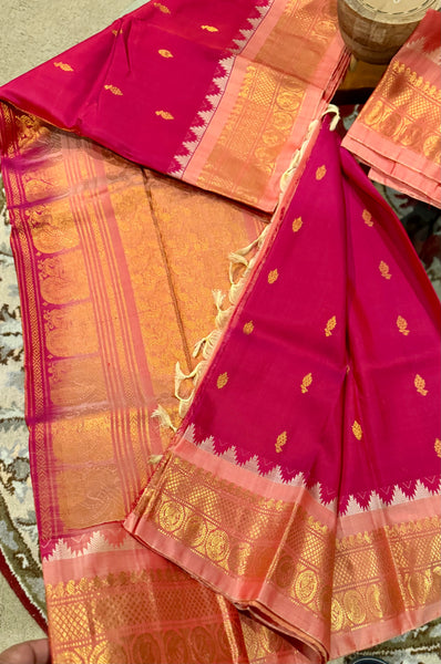 Hot Pink and Baby Pink Pure Silk Handloom Gadwal Saree