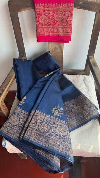 Deep Blue Banarasi Tussar Silk Saree with Antique Zari!
