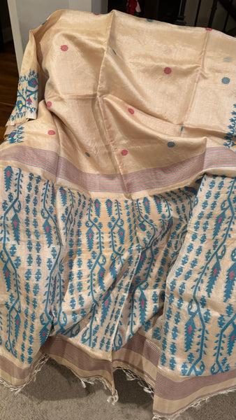 Teal Handwoven Pure Tussar Silk Jamdani Saree