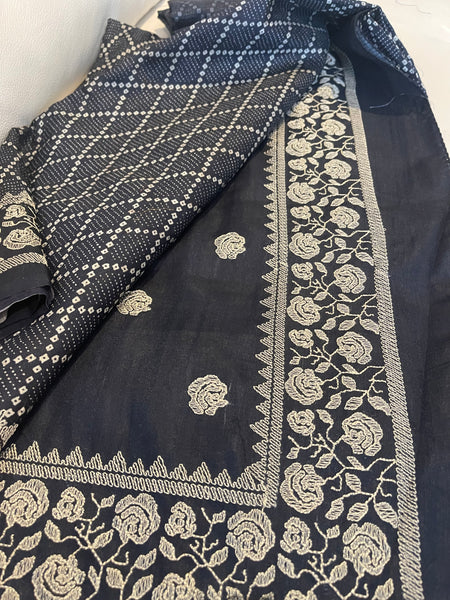 Black and Cream Tussar Silk Saree with Embroidery