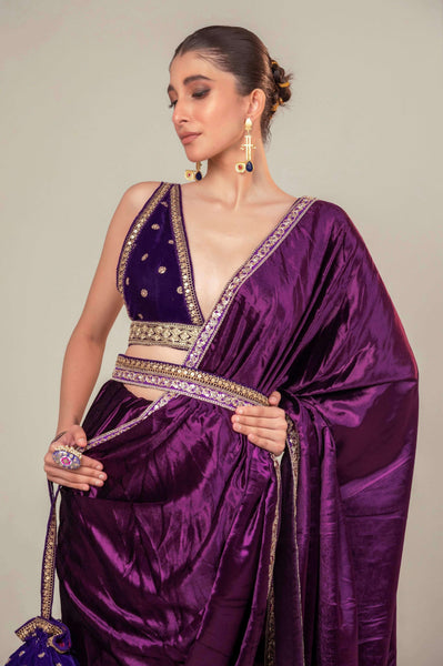 Purple Velvet Saree Embellished With Purple