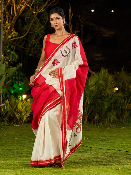 Ivory Chanderi Saree with Red-Gold Border & Hand-Painted Pujo Special Pallu