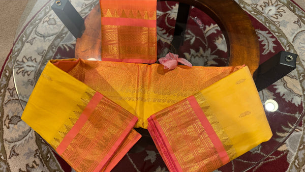 Yellow and Coral Pink Pure Silk Handloom Gadwal Saree