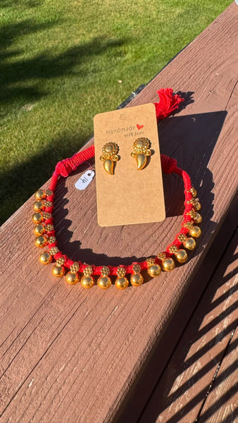 Red Threaded Gold Necklace and Earring Set
