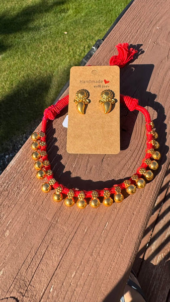 Red Threaded Gold Necklace and Earring Set