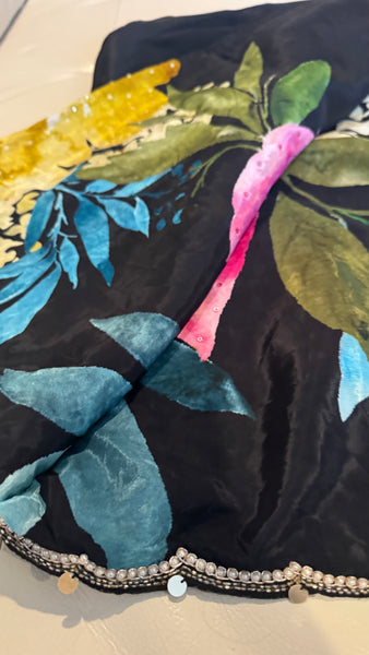 Black Multicolor Crepe digital print with pearl and Katdana borders