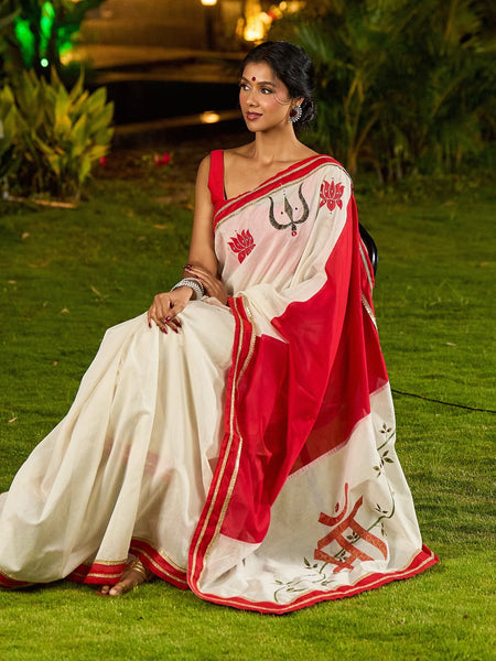 Ivory Chanderi Saree with Red-Gold Border & Hand-Painted Pujo Special Pallu