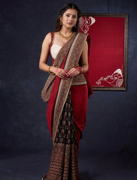 COMBINATION OF BLOCK PRINTED COTTON AJRAKH PLEATS & PURE TASSAR SILK SAREE WITH AJRAKH BORDER