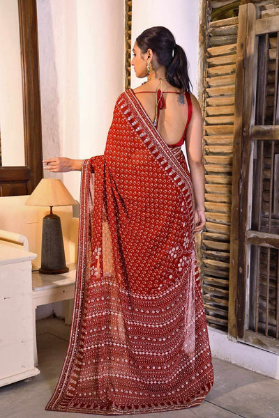 Bollywood Kareena Kapoor Coral Brick Red Chiffon Block Print