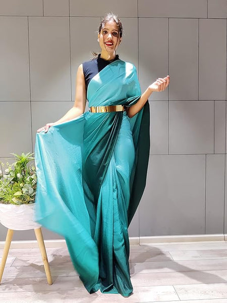 Pre-Stitched One Minute Ready to Wear Dual Shaded Sea Green Saree