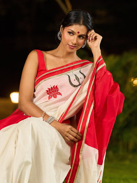 Ivory Chanderi Saree with Red-Gold Border & Hand-Painted Pujo Special Pallu