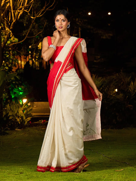 Ivory Chanderi Saree with Red-Gold Border & Hand-Painted Pujo Special Pallu