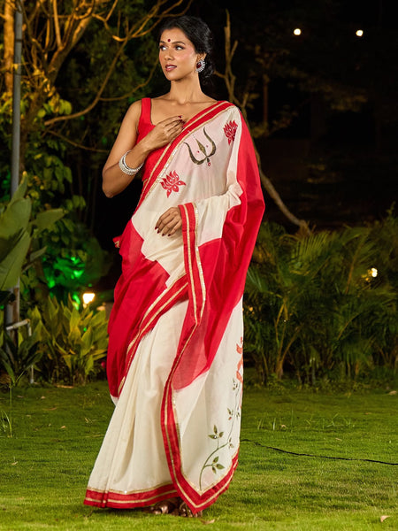 Ivory Chanderi Saree with Red-Gold Border & Hand-Painted Pujo Special Pallu