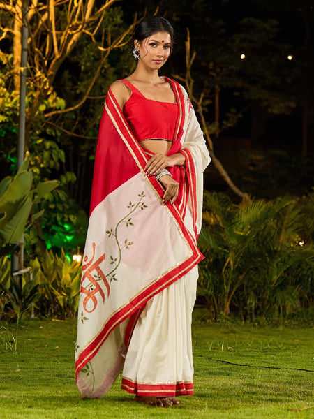 Ivory Chanderi Saree with Red-Gold Border & Hand-Painted Pujo Special Pallu