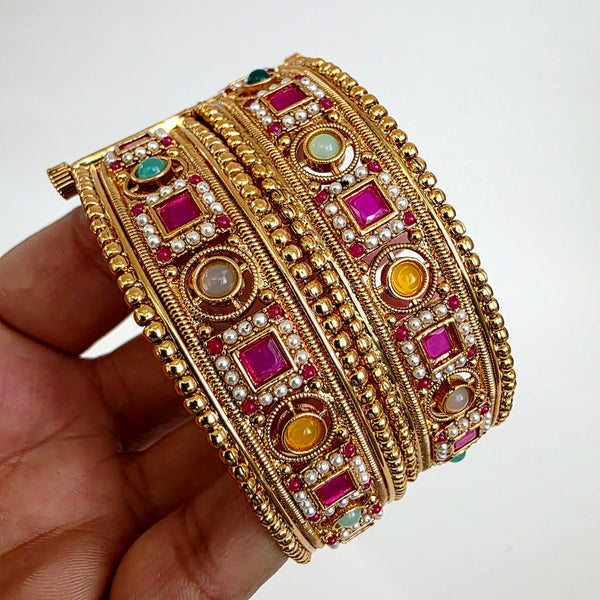 Navratan Matt Gold-Plated Rajwadi Kada Bangle Pair