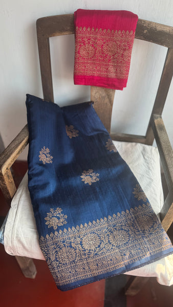 Deep Blue Banarasi Tussar Silk Saree with Antique Zari!