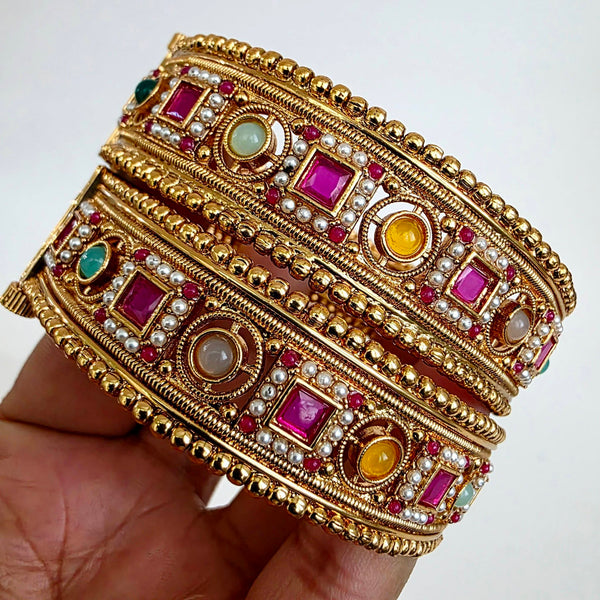 Navratan Matt Gold-Plated Rajwadi Kada Bangle Pair