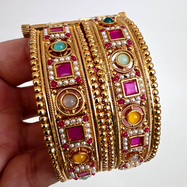 Navratan Matt Gold-Plated Rajwadi Kada Bangle Pair