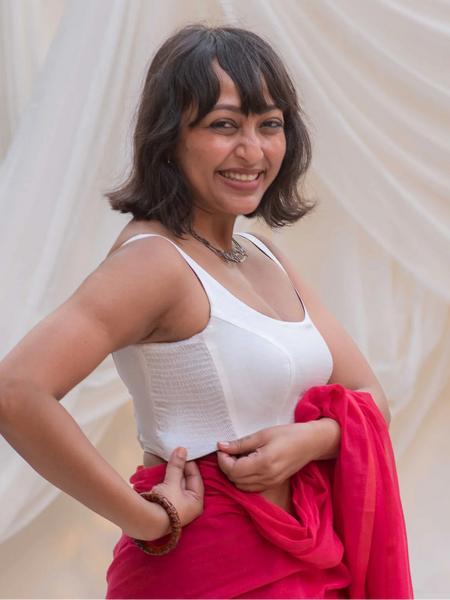 Reversible sleeveless padded U-neck blouse in multicolour printed cotton-viscose with stretchable versatile blouse