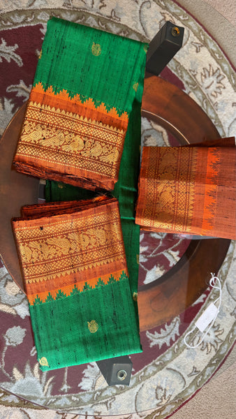 Green and Orange Pure Handloom Raw Gadwal Silk Saree