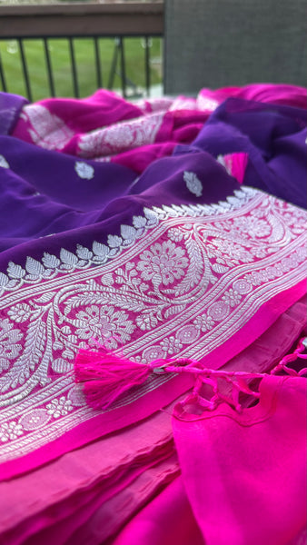 Purple and Hot Pink  Pure Handwoven Khaddi Banarasi Chiffon Georgette Saree