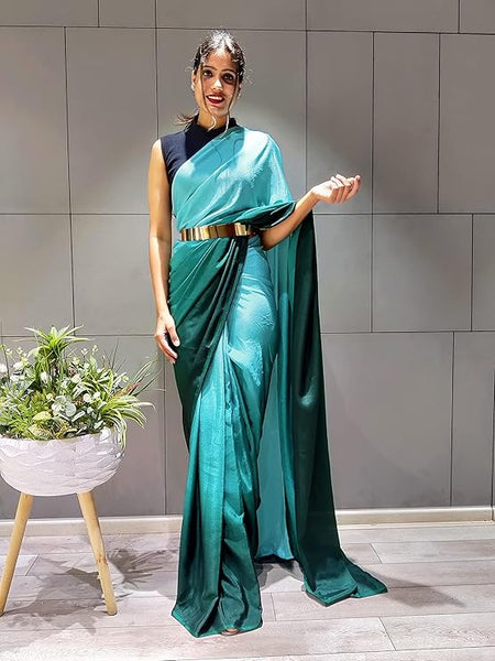 Pre-Stitched One Minute Ready to Wear Dual Shaded Sea Green Saree