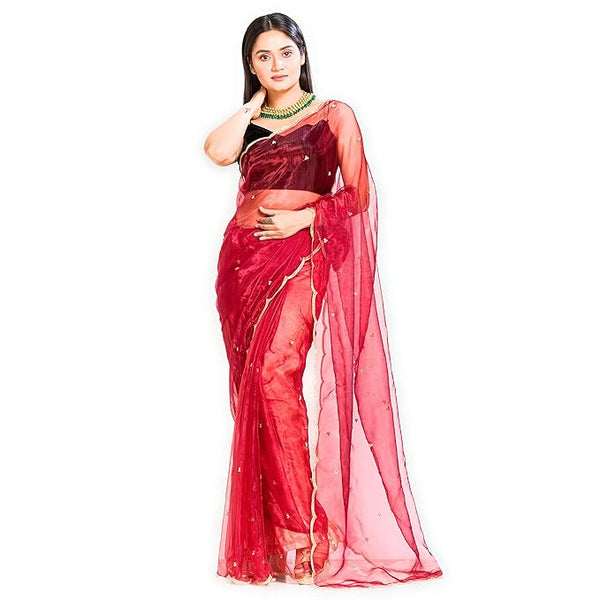 Red Glass Tissue Saree with Hand Embroidered Scalloping