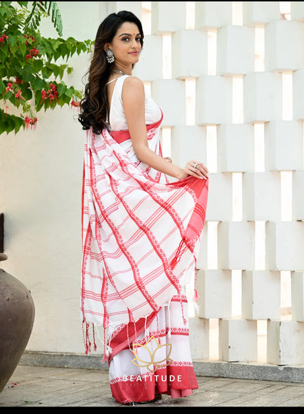 Agamoni Durga Puja Collection Red & White Begampuri Saree