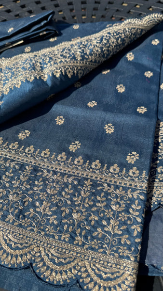 Royal Blue and Gold Tussar Silk Saree with Zari Butta's