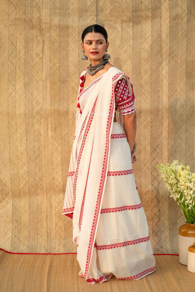 White and Red Woven Handloom Cotton Saree