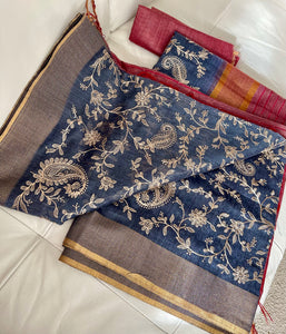 Grey Embroidered Handloom Tussar Silk Saree