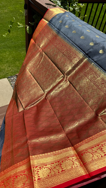 Midnight Navy Blue Grey Blended Silk Saree with Antique Gold Zari Border & Red Contrast Accents