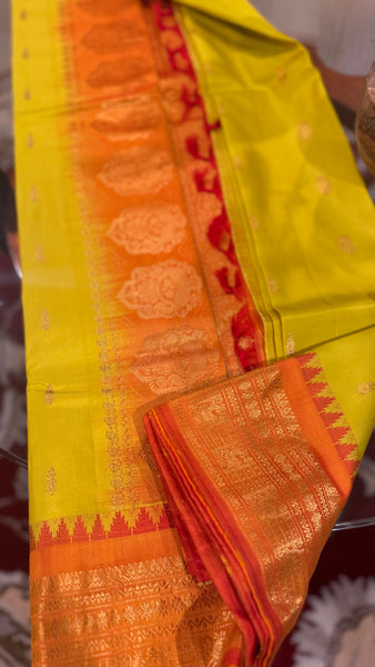 Greenish Yellow and Orange Pure Silk Handloom Gadwal Saree
