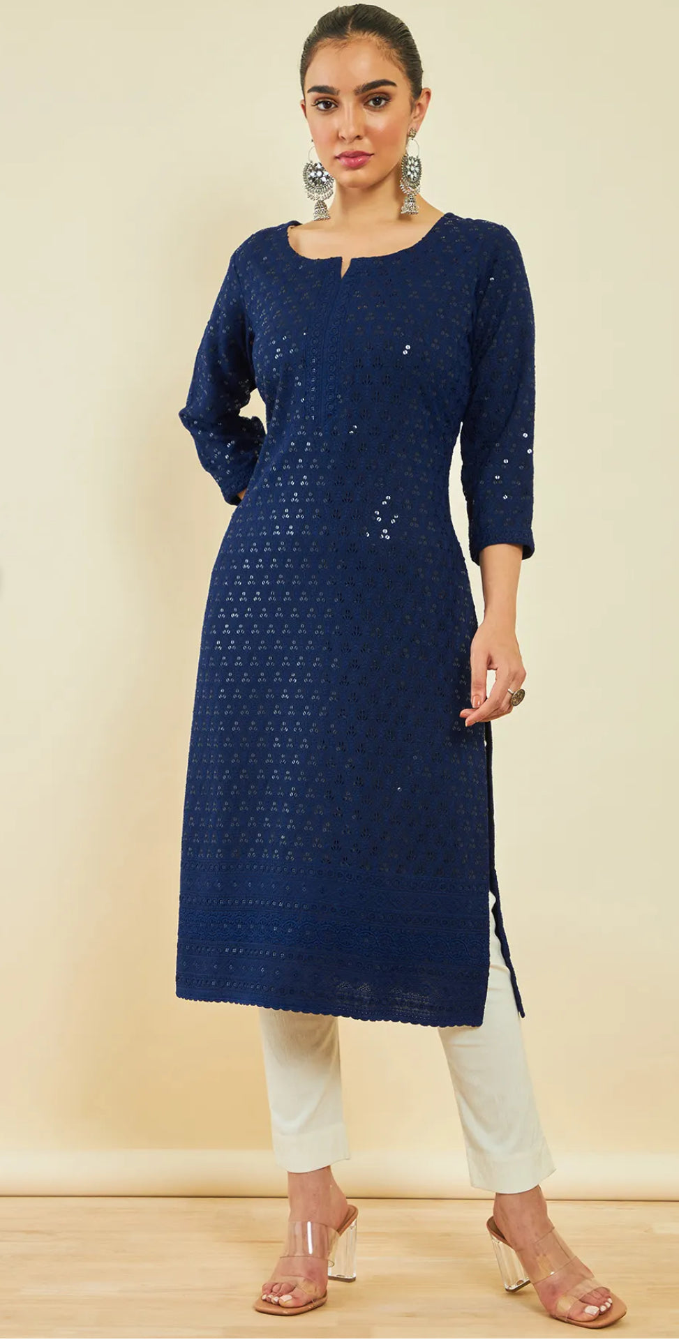 Navy Blue Rayon Sequin Embroidered Boat-Neck Straight Kurta