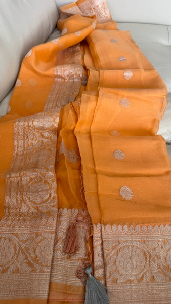 Peach Orangish and Silver Pure Handwoven Khaddi Banarasi Chiffon Georgette Saree