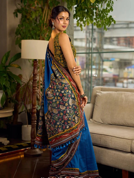 Blue Cotton Saree with Gond Painting & Multicolor Ikat & Kalamkari Border