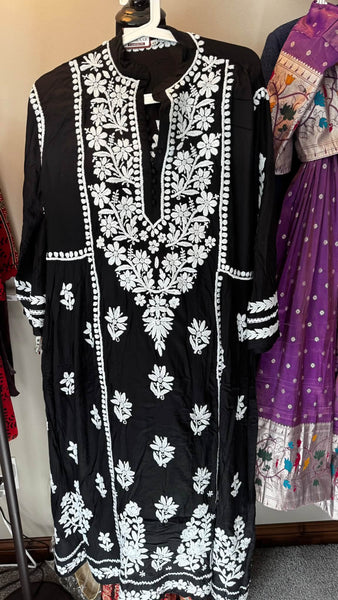 Pure Cotton Black and White Handwoven Chikankari Long Kurti