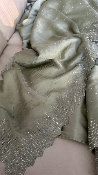 Sage Green Satin Stone Embellished Saree