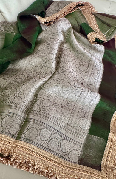 Iridescent Green Tissue Banarasi Brocade Silk Saree